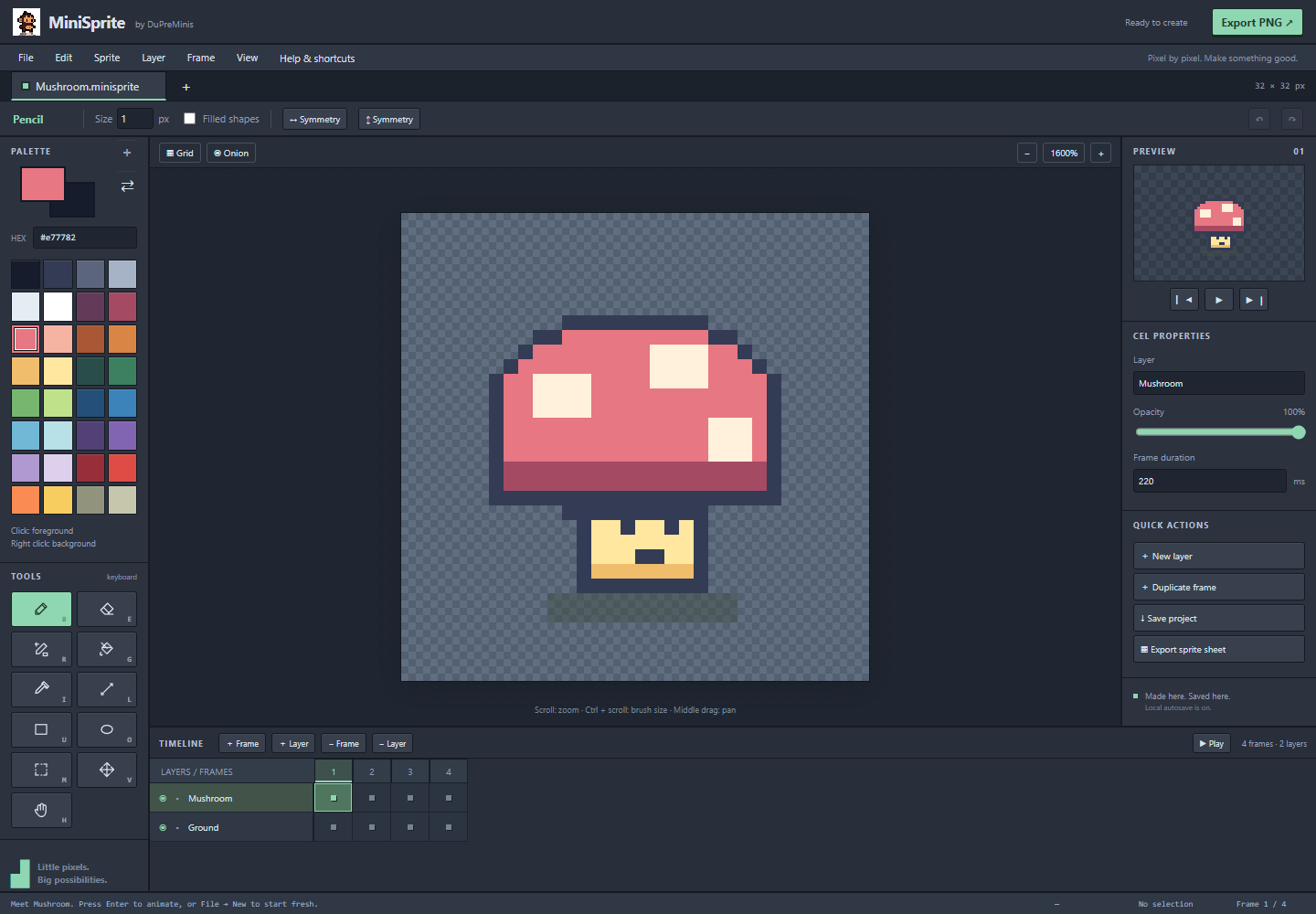 MiniSprite editor with drawing tools, layers and an animation timeline