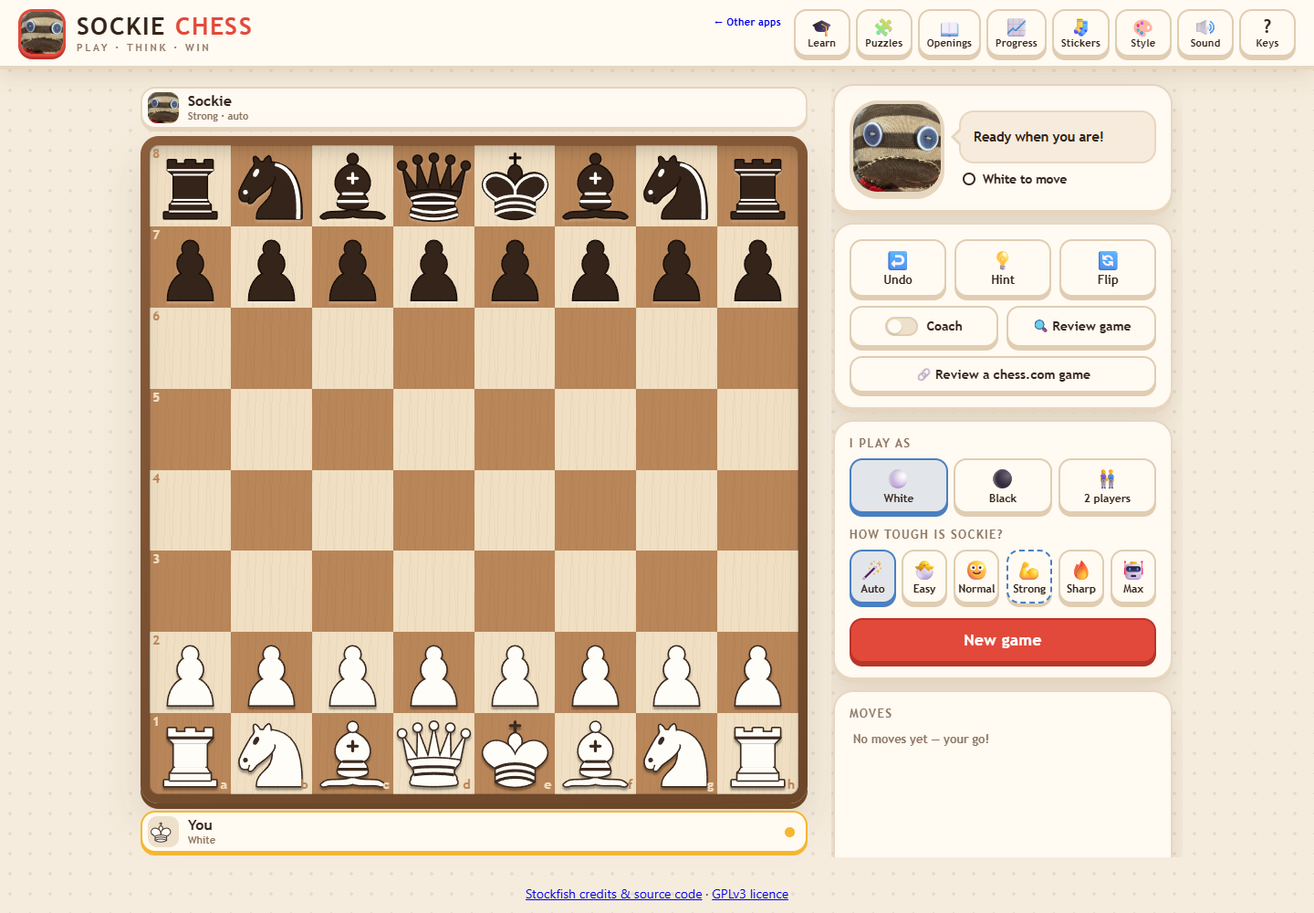 Sockie Chess board with Sockie, learning tools and chess controls