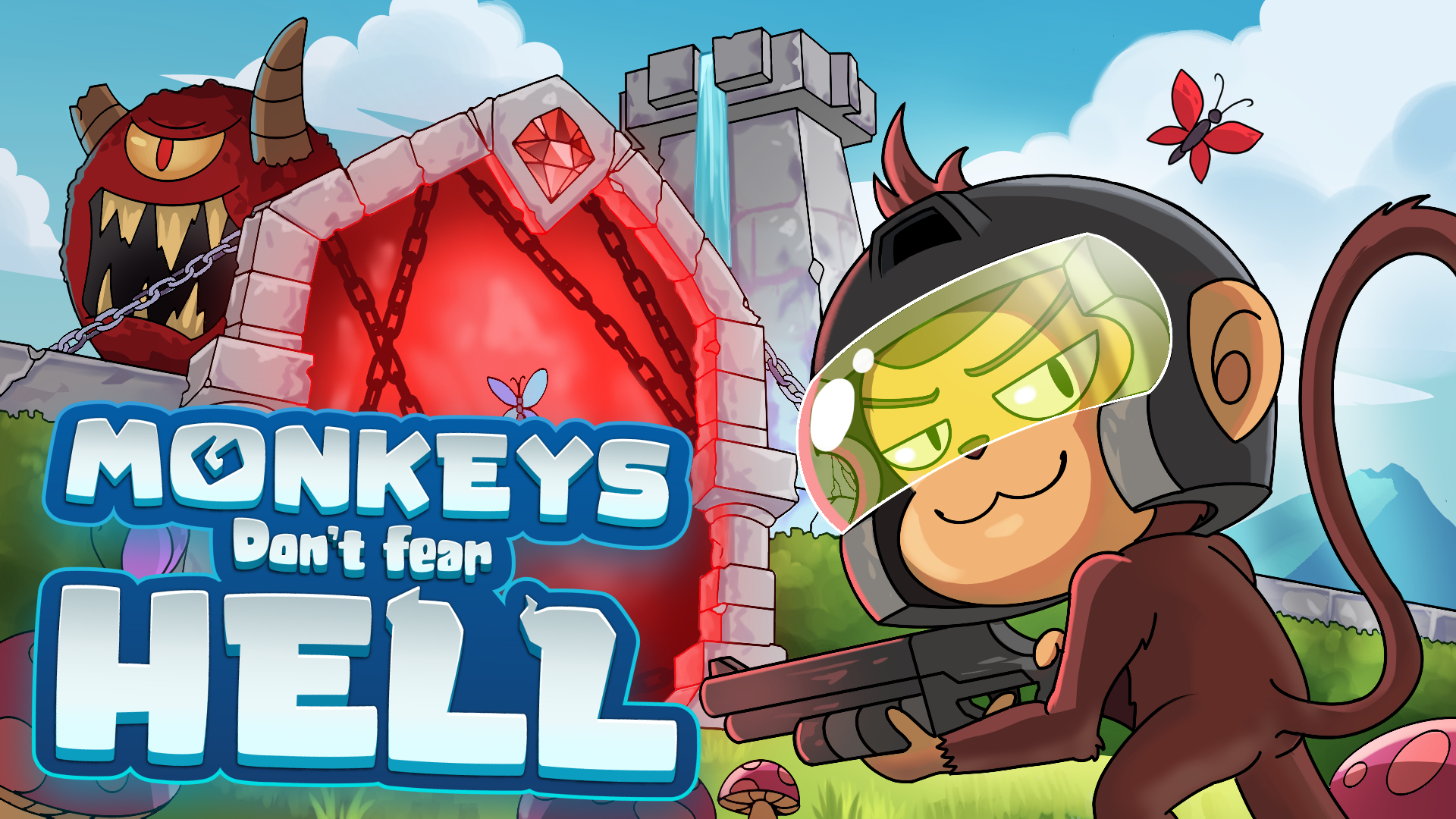 Monkeys Don't Fear Hell key art: a monkey in a space helmet in front of a demon portal